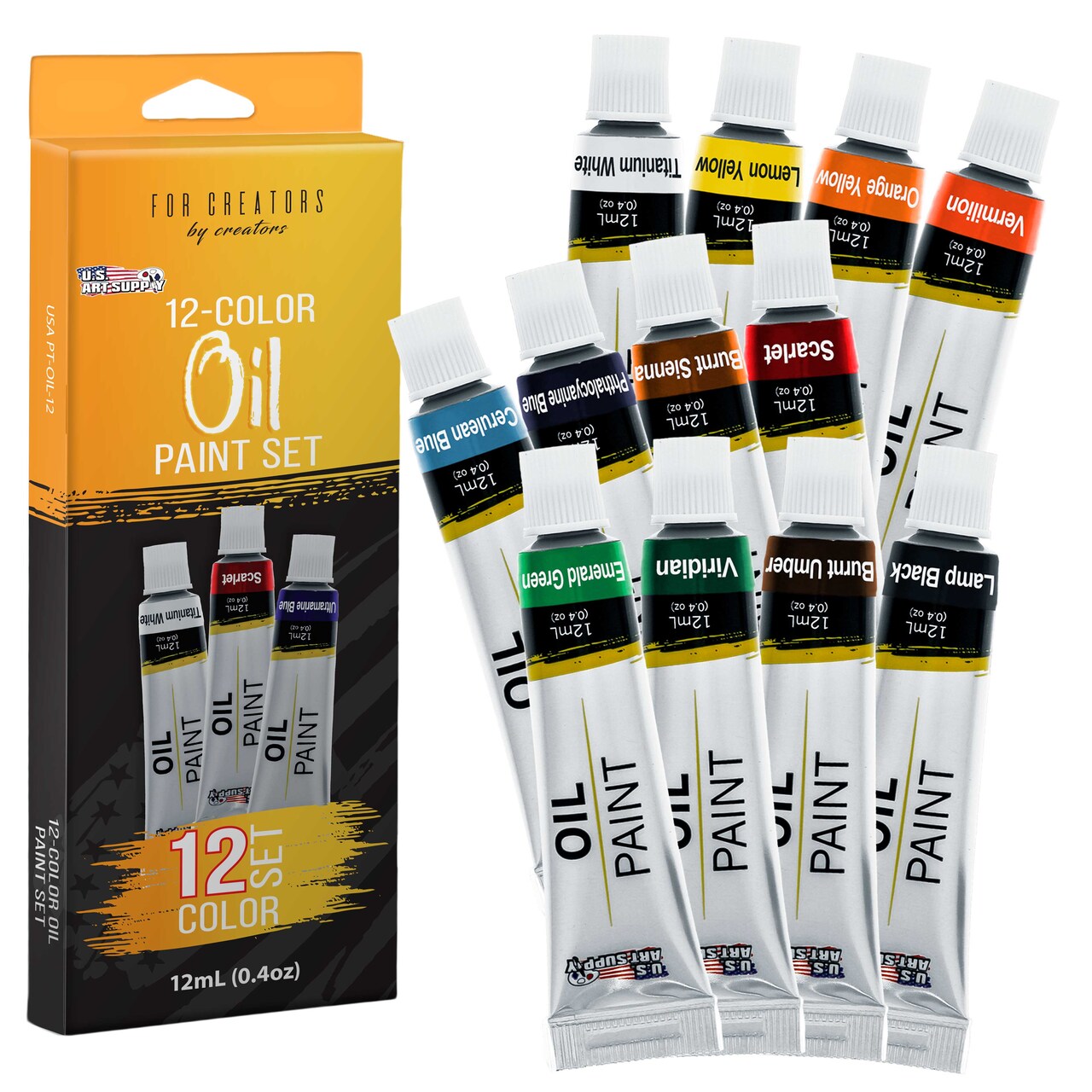 U.S. Art Supply Professional Oil Paint Set - 12 Vibrant Colors in 12ml Tubes for Canvas, Wood & Art Surfaces - Oil Based Paint for Artists, Adults & Students